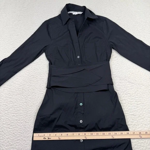 Veronica Beard Janelle Shirt Dress Size 00 Black Long Sleeve Tie Waist Midi - Picture 9 of 11
